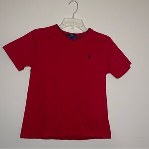 Polo Ralph Lauren Kids Red With Navy Detailing V Neck Shirt 10/12 100% Cotton